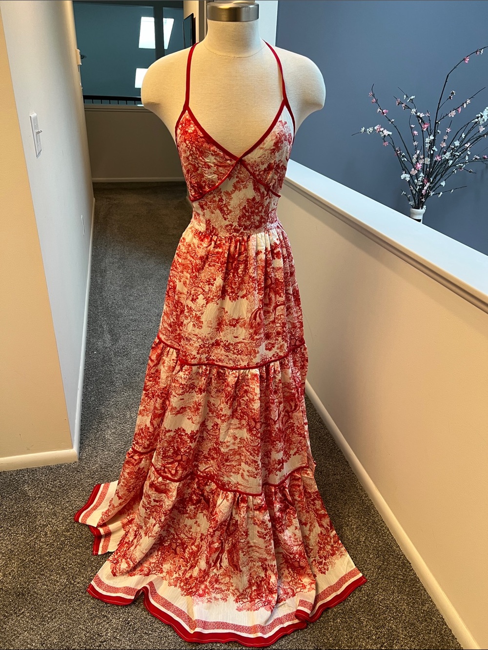 Red Toile Tiered Maxi Dress with Spaghetti Straps